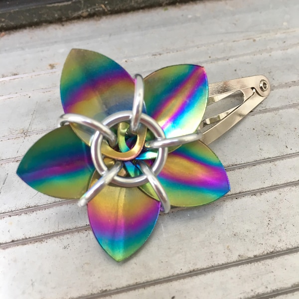 Rainbow Anodized Niobium Scale Flower Barrette