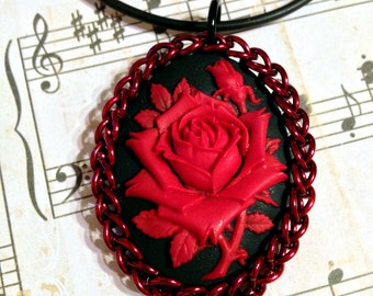 Victorian Red Rose Cameo Chainmail Wrapped Pendant