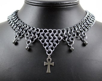 Hematite Ankh Chainmail Necklace