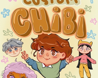 Puede incluir: Ilustración chibi personalizada con tres personajes: una niña con cabello castaño y una camisa verde, una niña con cabello morado y una camisa rosa y una niña con cabello castaño y una camisa rosa. La ilustración está sobre un fondo amarillo con estrellas blancas.