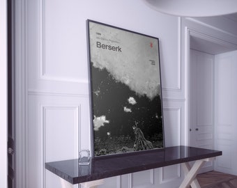 May include: A black and white poster with the text "1989, Studio Dice Production, Berserk" in a white font. The poster has a black and white image of a cloudy sky with a figure in the bottom right corner.