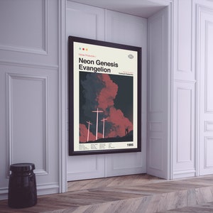 Może przedstawiać: Czarny plakat w ramie z czerwono-czarnym obrazem zachmurzonego nieba z trzema krzyżami. Plakat zawiera napis "Neon Genesis Evangelion" w kolorze białym z czerwonym obramowaniem. Napis "Genius Production" jest mniejszy i w kolorze białym. Plakat zawiera r&oacute;wnież napis "1995" w kolorze białym.