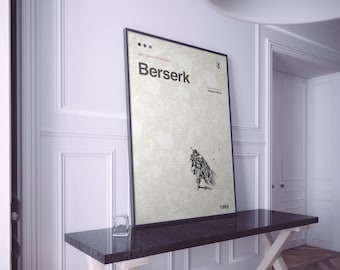 May include: A framed poster featuring the word "Berserk" in large, bold letters. The poster has a beige background with a detailed illustration of a warrior. The year "1989" is printed at the bottom.
