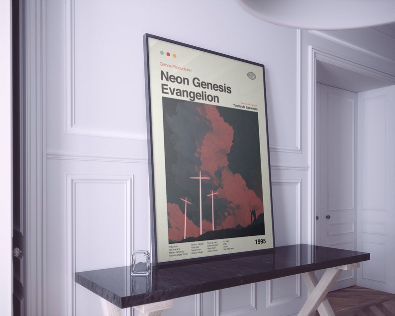 Może przedstawiać: Czarny plakat w ramie z czerwono-czarną grafiką. Na plakacie widnieje tekst "Neon Genesis Evangelion" i "1995".