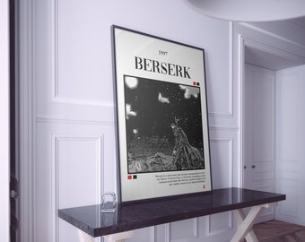 May include: A black and white poster with the text "1997 Berserk" at the top. The poster features a black and white illustration of a man in a cloak standing on a rocky cliff. The text below the illustration reads "Berserk is a renowned dark fantasy manga series by Kentaro Miura. It followed Guts, a mercenary battling to free himself from a cursed existence, joining forces with a group of eccentric warriors, known to be deeply inspiring."