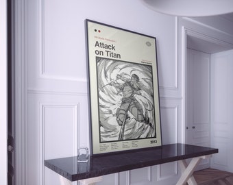 May include: Black and white poster with the title "Attack on Titan" and a character from the anime series in a dynamic pose. The poster is framed in black and has a white background.