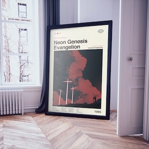 Może przedstawiać: Czarny plakat w ramie z czerwono-czarnym wzorem. Plakat zawiera tekst "Neon Genesis Evangelion" i rok "1995".