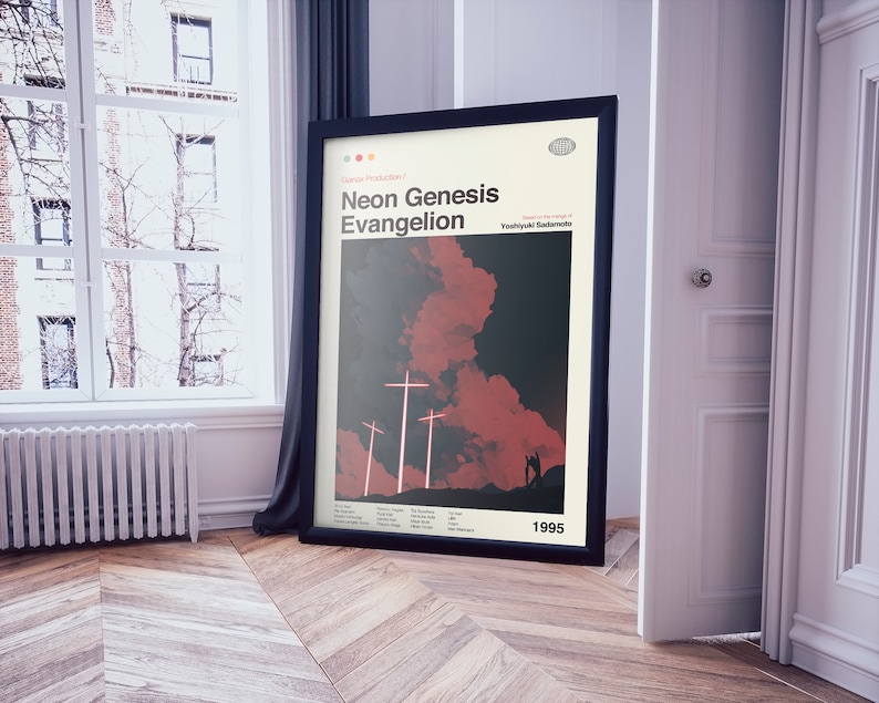Może przedstawiać: Czarny plakat w ramie z czerwono-czarnym wzorem. Plakat zawiera tekst "Neon Genesis Evangelion" i rok "1995".