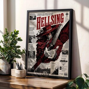 May include: A framed Hellsing poster featuring a central illustration of a character in a red coat and hat holding a large firearm. The design includes newspaper-style columns of text, various small graphic elements, and the bold red title Hellsing.