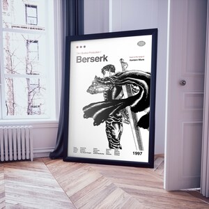 May include: Black and white poster featuring a character from the manga series "Berserk" by Kentaro Miura. The poster has the title "Berserk" and the year "1997" printed on it.