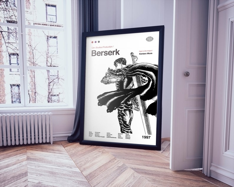 May include: Black and white poster featuring a character from the manga series "Berserk" by Kentaro Miura. The poster has the title "Berserk" and the year "1997" printed on it.