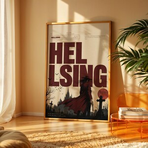 May include: A framed poster featuring the text HELLSING in large dark red letters. The artwork depicts a figure in a long coat standing in a graveyard with a castle in the background, a red moon, and flying bats. The poster includes small text at the top.