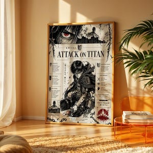 Op de afbeelding: Een ingelijste poster met Attack on Titan-artwork, een centrale karakterillustratie, Japanse en Engelse tekst, en grafische elementen zoals kettingen, een rood oog en het silhouet van een titaan, alles tegen een lichte achtergrond.