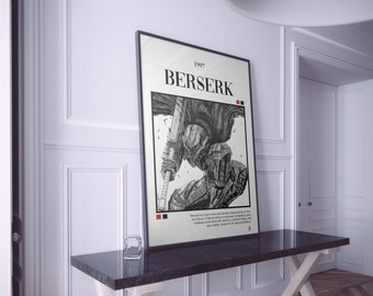 Könnte beinhalten: Ein Schwarzweiß-Poster mit einem gerahmten Bild eines Charakters aus der Manga-Serie Berserk. Der Charakter trägt eine Rüstung und hält ein großes Schwert. Das Poster trägt oben den Text "1997 Berserk".