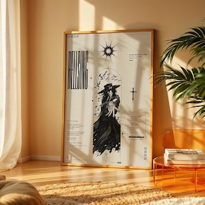 May include: A vertical rectangular poster in a thin wooden frame featuring a black and white illustration of a figure in a wide-brimmed hat and long coat. The text Hellsing is printed vertically on the left side with additional small text and symbols.
