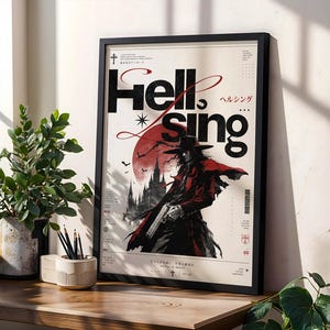 May include: A framed poster featuring the text "Hellsing" in large black letters, a central illustration of a figure in a wide-brimmed hat and red coat holding a handgun, a large red moon, a gothic castle silhouette, and Japanese text.