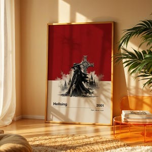 May include: A rectangular wall poster in a gold frame featuring a dark red upper section and a white lower section. The central graphic depicts a cloaked figure in a wide-brimmed hat standing before a cross. Text includes Hellsing, 2001, and Night | Blood | Hunt.