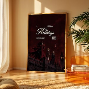 May include: A rectangular wall art print in a gold frame featuring a dark red and black illustration of characters from Hellsing. The text reads Hellsing, London / Night Protocol, Monsters hunt monsters, Archive by Kouta Hirano, and Blood Noir.