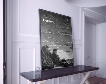 May include: Black and white poster with the text "1989,  Jets Comics Production, Berserk" and a graphic of a man standing in a mountainous landscape.