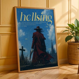 May include: A framed poster featuring the title Hellsing in yellow text. The artwork depicts a figure in a long red coat and wide-brimmed hat holding a handgun, standing in a graveyard with a gothic cathedral silhouette under a blue sky.