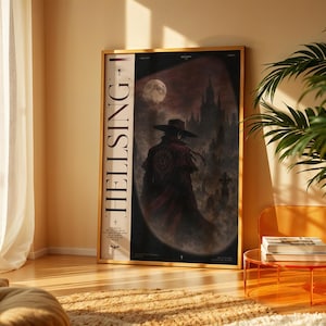 May include: A vertical rectangular poster featuring the text HELLSING I in a bold serif font on the left side. The main illustration depicts a figure in a wide-brimmed hat and long red coat standing before a dark gothic castle under a full moon.