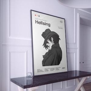 May include: A black and white poster featuring a stylised illustration of a vampire character from the anime series Hellsing. The poster is titled "Hellsing" in large, bold lettering and includes the text "Studio Gonzo Production" in smaller lettering. The poster also features the year "2001" and the names of the creators.