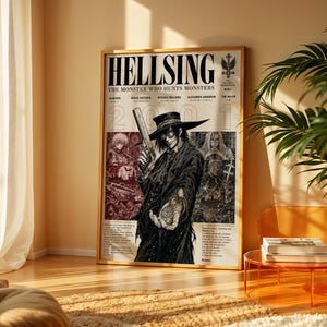 May include: A rectangular Hellsing poster in a gold frame featuring the text Hellsing The Monster Who Hunts Monsters. The artwork displays a central character in a wide-brimmed hat holding a handgun, surrounded by smaller character illustrations.