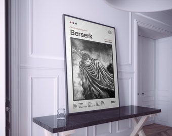May include: A black and white poster with the title "Berserk" in bold white text. The poster features a black and white illustration of a character from the anime series, "Berserk". The poster also includes the text "Olm Studios Production" and "1997".