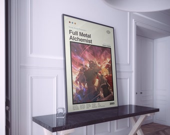 May include: A poster for the anime series "Fullmetal Alchemist" featuring the main characters, including Edward Elric, Alphonse Elric, and Roy Mustang. The poster has a red, orange, and yellow colour scheme with a background of lightning bolts. The text "Fullmetal Alchemist" is in a bold, white font. The poster is framed in black.