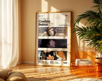 May include: A framed poster for the anime series "Cowboy Bebop." The poster, in a gold frame, showcases three panels of artwork, the title, and the year 1998. The poster is displayed in a room with natural light, creating a warm atmosphere.