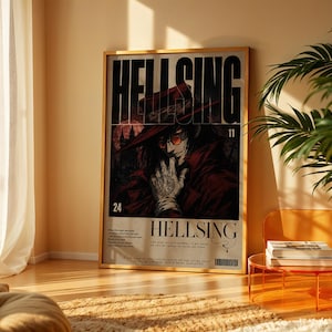 May include: A rectangular wall poster featuring the Hellsing anime character in a red hat and coat, with the text HELLSING at the top and bottom. The artwork includes a dark background, a circular moon, and small printed text details at the base.