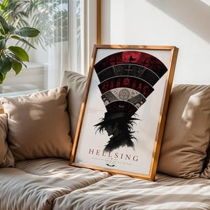 May include: A framed poster featuring a silhouette of a character in a wide-brimmed hat with a fan-shaped graphic above, displaying gothic imagery in red, black, and white. The text HELLSING is printed at the bottom with a small bat icon below.