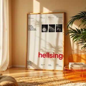 May include: A rectangular framed poster with a white background featuring the text 'hellsing' in bold red letters. It includes the quote 'The bird of Hermes is my name, eating my wings to make me tame' and three small black and white square images.
