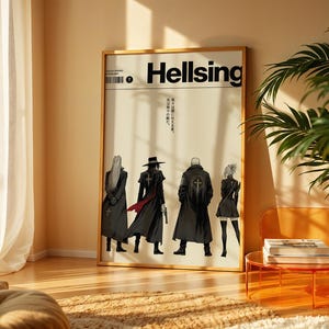 May include: A rectangular poster in a light wood frame featuring the text Hellsing at the top. Below, four figures in black coats stand with their backs to the viewer. Japanese text is printed vertically in the center. The background is white.