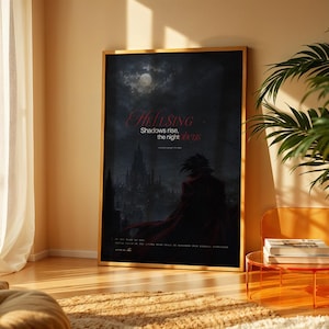 May include: A rectangular wall art print in a gold frame featuring a dark, atmospheric scene with a full moon, a gothic castle, and a silhouetted figure in a long red coat. The text reads Hellsing, Shadows rise, the night obeys, and other lines.