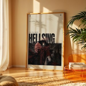 May include: A rectangular poster in a thin gold frame featuring the text "Into the night, HELLSING" above an illustration of a character in a wide-brimmed hat and red coat standing before a large red moon and dark gothic structures.