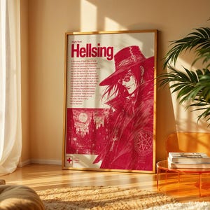 May include: A rectangular poster in a gold frame featuring a monochromatic red illustration of a character in a wide-brimmed hat and sunglasses. The text reads Hellsing and Night Hunt, accompanied by a gothic cityscape and a circular seal emblem.