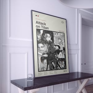May include: A black and white poster with the title "Attack on Titan" in bold white text. The poster features a collage of characters from the anime series, including Eren Yeager, Mikasa Ackerman, and Armin Arlert. The poster also includes the text "WIT Studio Production" and "Hajime Isayama".