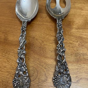 Vintage Godinger Serving Spoon and Fork with Ornate Grapevine Design Silver Plate 11”