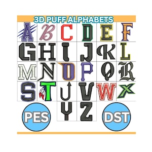 100 3D Puff Alphabete | Maschinenstickerei DST PES Dateien | Stickschrift