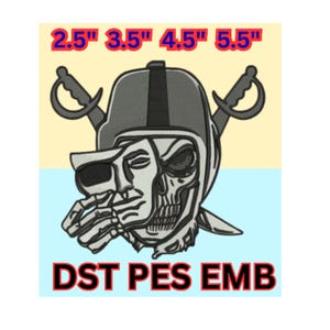 Puede incluir: Parche bordado con un diseño de calavera con casco y espadas cruzadas. Incluye el texto "DST PES EMB" y tamaños de 6,35 cm a 13,97 cm en rojo. El fondo está dividido en secciones amarillas y celeste.