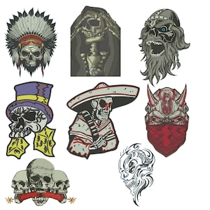 Könnte beinhalten: Eine Sammlung von neun bunten gestickten Aufnähern mit verschiedenen Totenkopfmotiven. Die Aufnäher beinhalten eine indianische Kopfbedeckung, ein Skelett in einer Kapuzenrobe, einen Totenkopf mit Hörnern, ein Skelett in einem Sombrero, einen Totenkopf mit einem Zylinder und einen Totenkopf mit einem Bandana.
