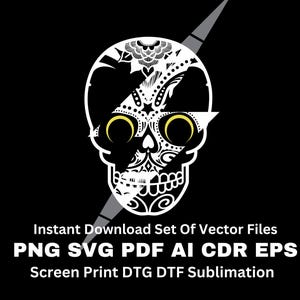 May include: A white sugar skull with yellow eyes, split in half by a diagonal line. The text "Instant Download Set Of Vector Files PNG SVG PDF AI CDR EPS Screen Print DTG DTF Sublimation" is below the skull.