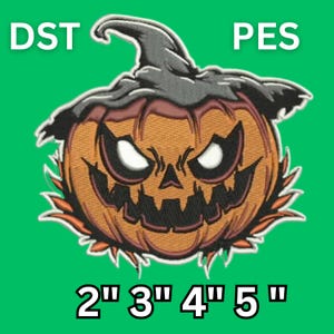 May include: Embroidered patch featuring a jack-o'-lantern with a menacing expression, wearing a witch's hat. The pumpkin is orange with black details and white eyes. The patch sizes are 2", 3", 4", and 5" on a green background. The text "DST" and "PES" are at the top.