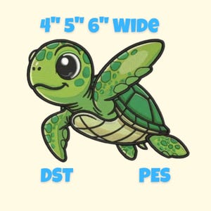 Può includere: Una tartaruga marina verde dei cartoni animati con un volto sorridente e grandi occhi. L'immagine include il testo "4" 5" 6" WIDE", "DST" e "PES". Il guscio e le pinne della tartaruga sono dettagliati con accenti verdi più scuri. Il design è largo circa 10-15 cm.