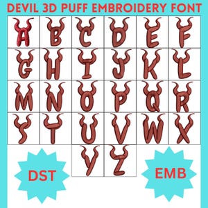 Puede incluir: Una cuadrícula de letras bordadas en una fuente con temática de diablo. Cada letra, de la A a la Z, es de color rojo intenso y presenta cuernos curvos. Las palabras "DEVIL 3D PUFF EMBROIDERY FONT" están en la parte superior. Las letras están en una cuadrícula.