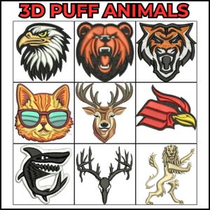 puffy animals embroidery designs, 3D dst files instant download
