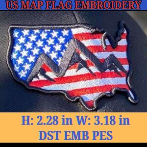 May include: Embroidered patch featuring the US map with a flag design. The patch includes the text "US MAP FLAG EMBROIDERY". The patch is 2.28 inches high and 3.18 inches wide. The design incorporates red and white stripes, blue stars, and a mountain range.