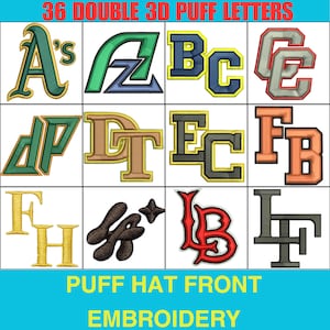 May include: A collection of 36 double 3D puff letters for embroidery, featuring various alphabet combinations in diverse colors including green, blue, yellow, red, orange, brown, and black, displayed in a grid with the text 36 DOUBLE 3D PUFF LETTERS.