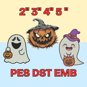 Op de afbeelding: Geborduurde Halloween-ontwerpen met een spook dat een pompoen met lantaarn vasthoudt, een uitgesneden pompoen en een spook met een heksenhoed. De afbeelding bevat de tekst "2" 3" 4" 5"" en "PES DST EMB".